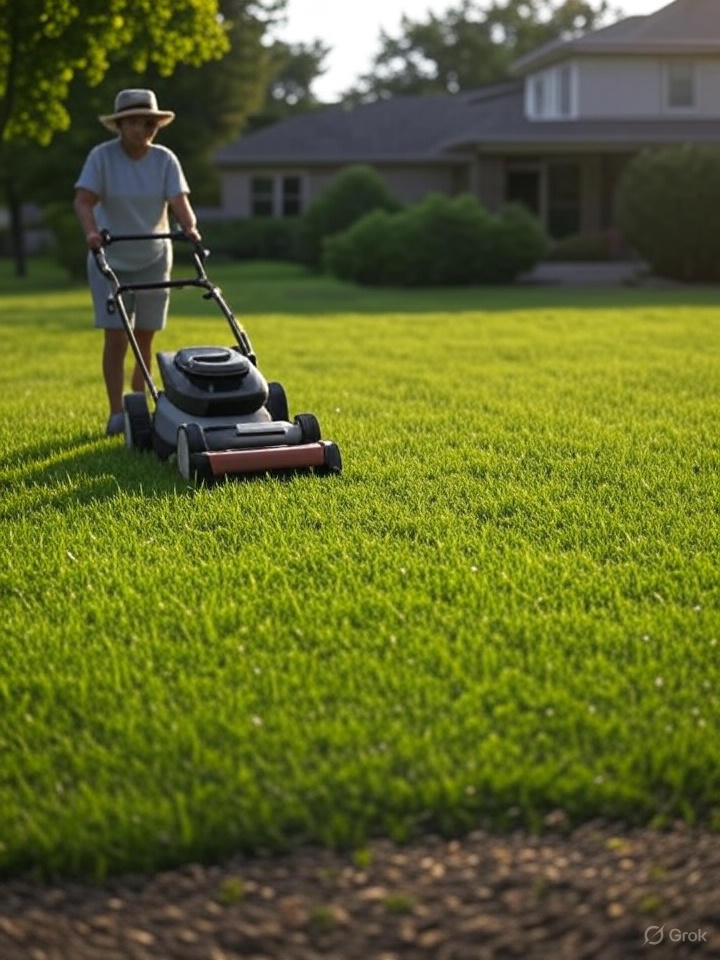 A person mowing a lush green lawn in front of a home at golden hour.